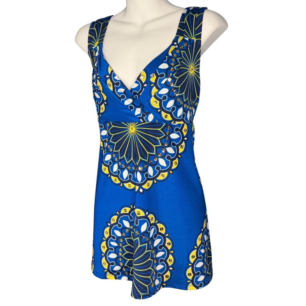 Y2K INC Women XL Babydoll Cami Top Sequin Mandala Summer Blue Yellow Boho